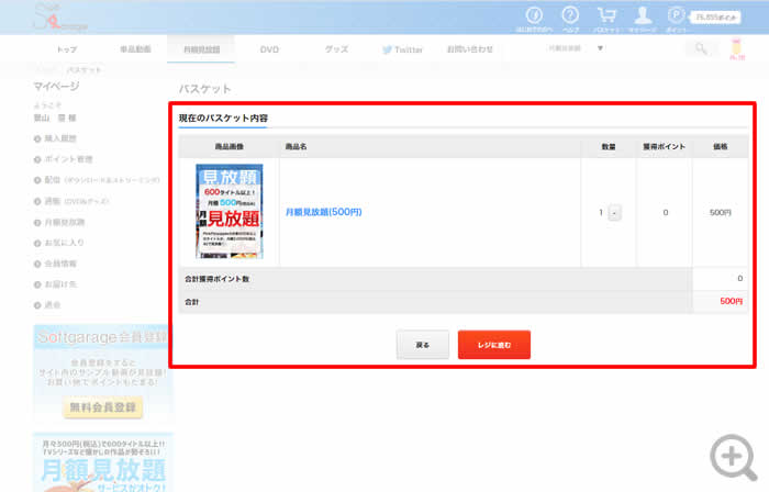 「月額見放題」がバスケットにあることを確認し「レジに進む」ボタンをクリック